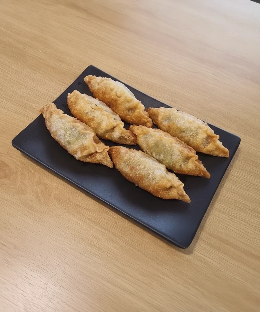 Gyoza chiên giòn trên đĩa đá