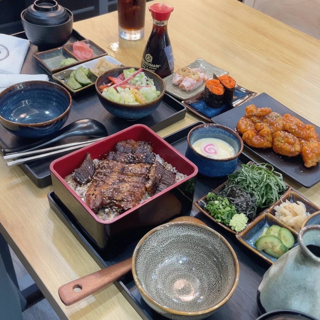 Set hitsumabushi kèm gà sốt cay và canh trứng