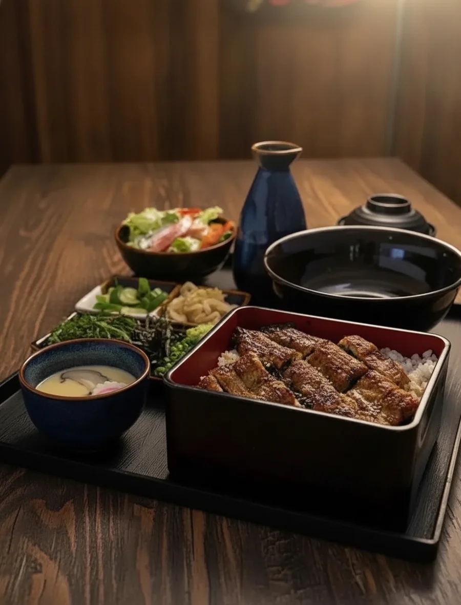 Khay hitsumabushi cùng canh trứng, rau và rượu sake